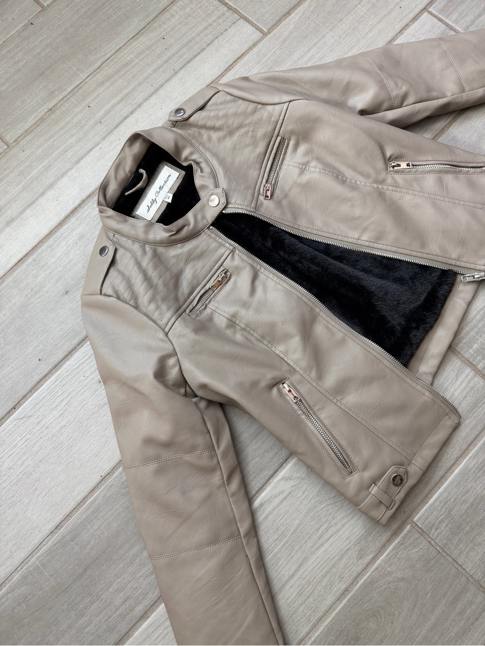 Women’s Taupe Faux-Leather Bomber Jacket with Quilted Shoulders